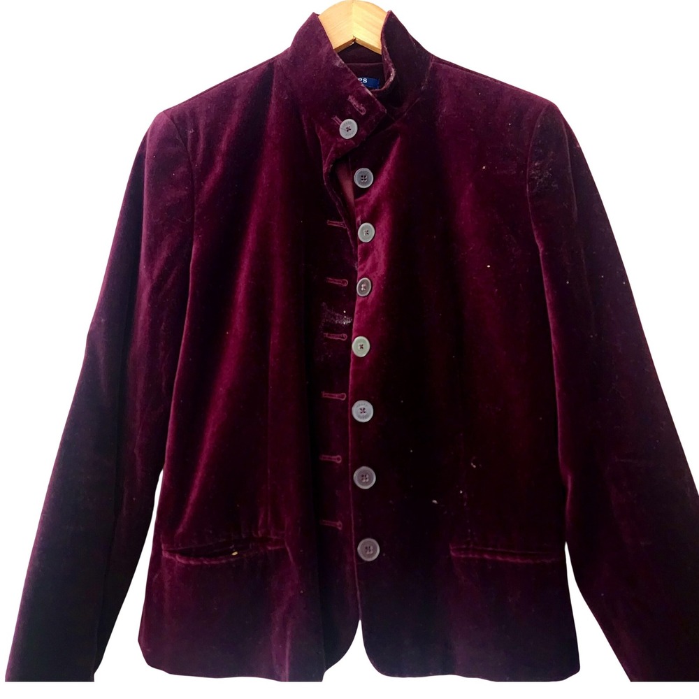 Chaps Burgundy Velvet Blazer 10 Mandarin Collar Academic Fall Peppy Equestrian